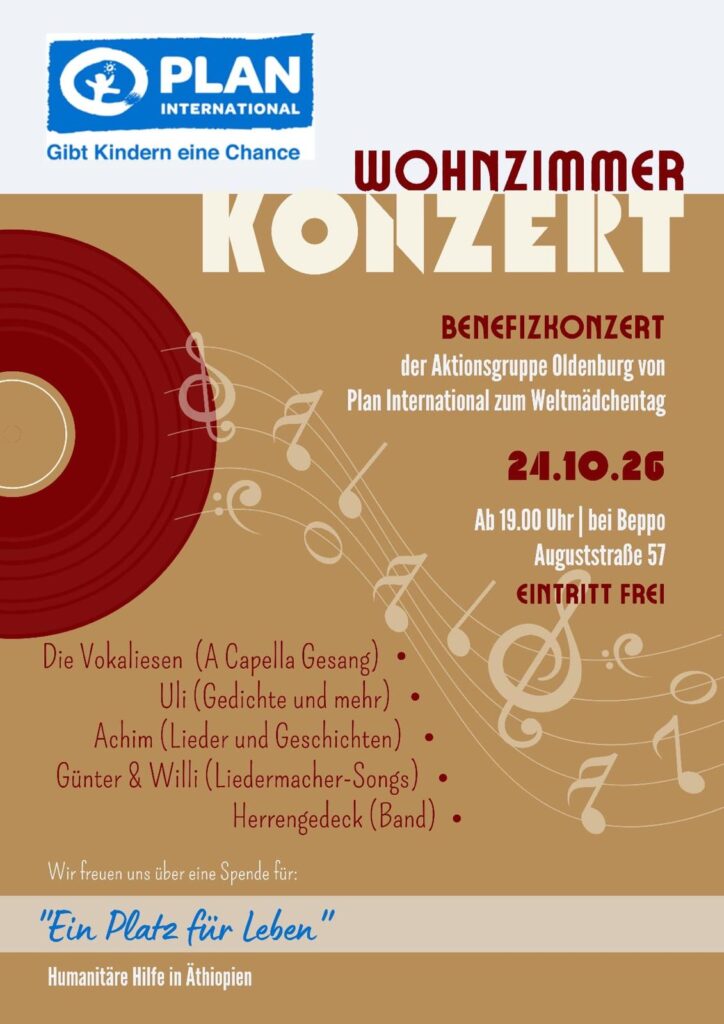 Plakat für ein Benefizkonzert von Plan International am 24. Oktober 2026 im Beppo mit Live-Auftritten und freiem Eintritt; die Spenden kommen dem Projekt Ein Platz für Leben in Äthiopien zugute.